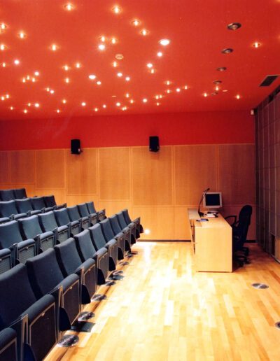 Modern lecture hall with blue seating and starry ceiling lighting.