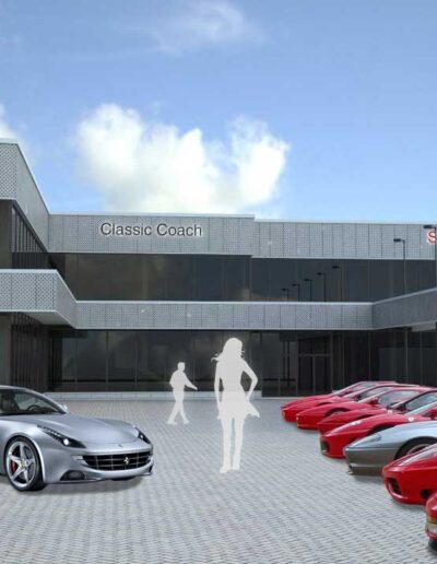 Modern car dealership exterior with a lineup of red sports cars and silhouettes of people.