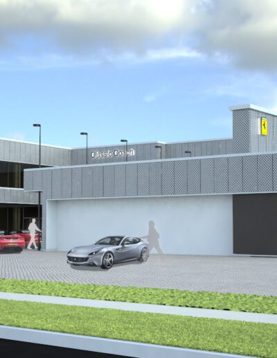 3d rendering of a modern car dealership exterior with parked cars.