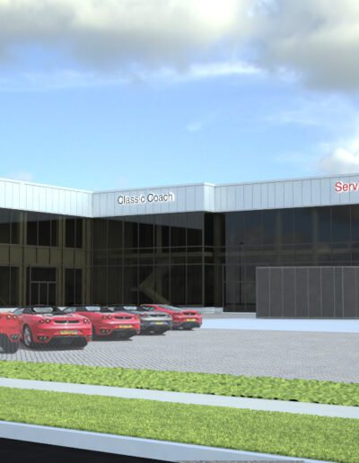 Architectural rendering of a modern car dealership with a row of red cars parked in front.