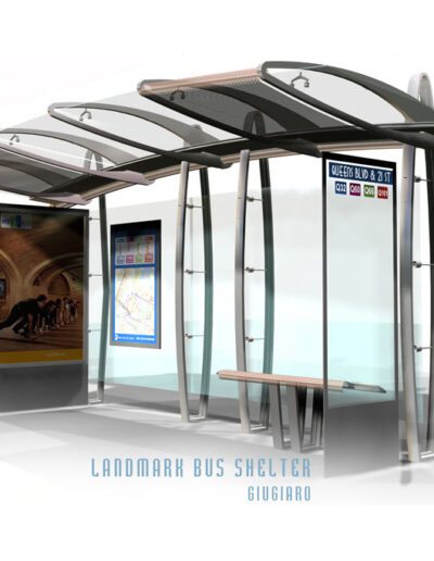 Modern bus shelter design with digital information display and seating area.