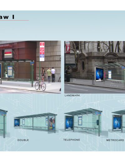 Design concepts for bus shelters with varying configurations and amenities.