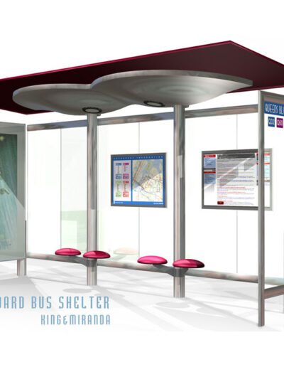 Modern bus shelter design with seating, information display, and advertising panel.