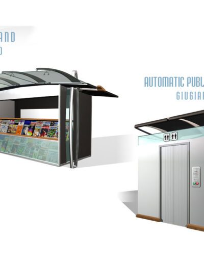 Design concepts for a modern newsstand and an automatic public toilet.