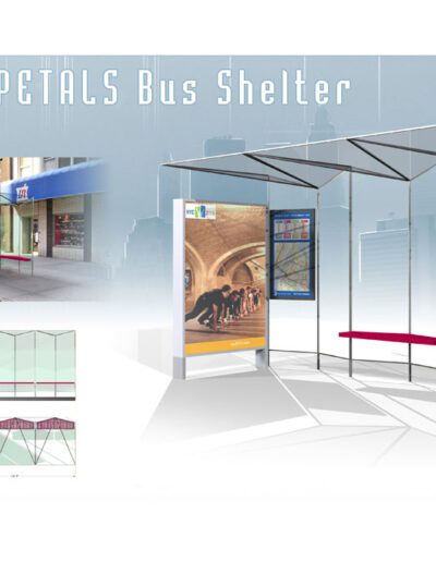 Design concept for a modern bus shelter with branding, featuring architectural drawings and a rendered site example.