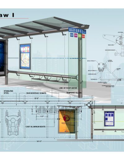 Architectural blueprints and design plan for a modern bus shelter with structural details and layout.