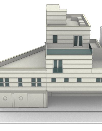 3d architectural rendering of a modern, multi-level building with a flat roof and horizontal windows.