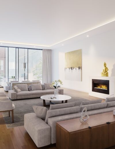 Modern living room with sectional sofa, hardwood floors, and a fireplace, featuring expansive windows and contemporary art.